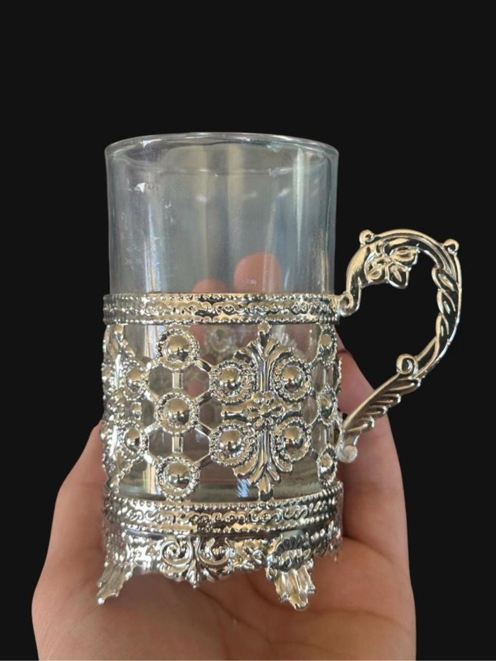 Vintage Silver-Tone Filigree Glass Holder with Ornate Handle - set of 6